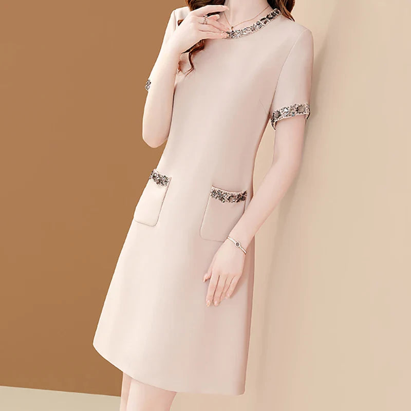Elegant O Neck Embroidered A Line Dress For Women Office