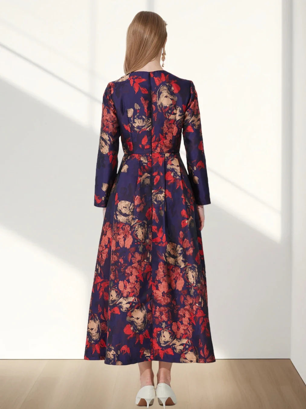 Boho Floral Jacquard Maxi Dress With Long Sleeves For Fall