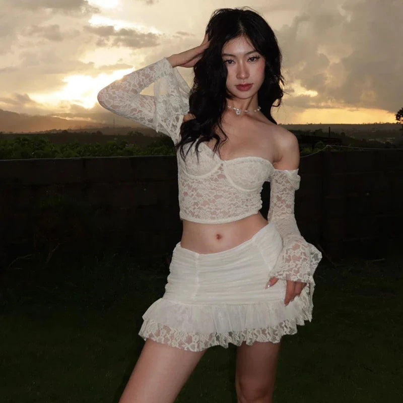 Elegant Y2K Lace See-Through Long Sleeve Crop Top with Ruched Slim Skinny Mini Skirt Two-Piece Set for Women