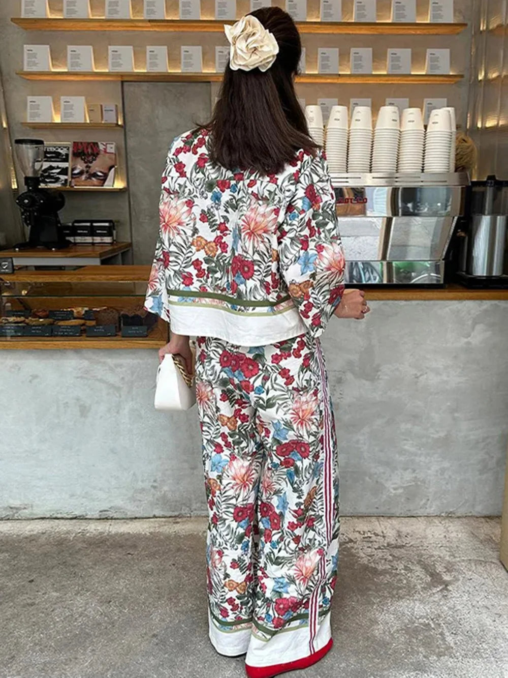 Women's Bohemian Casual Trousers Set with Long Sleeve Shirt and High Waisted Wide Leg Pants