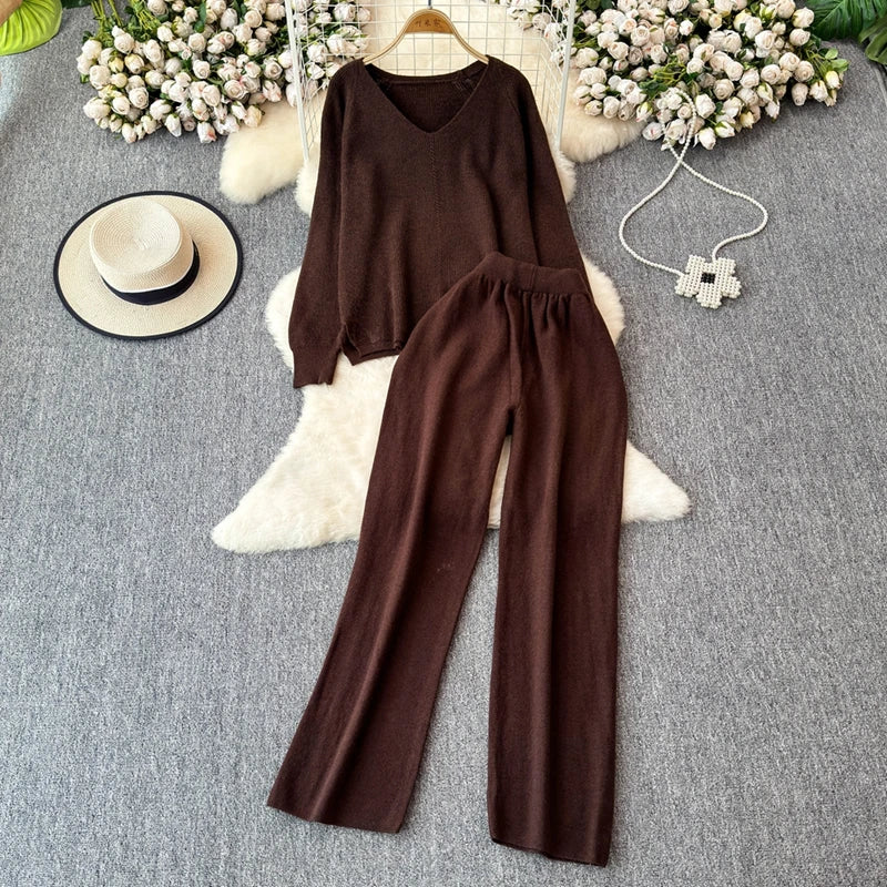 Knitted V-Neck Sweater and Straight Jogging Pants Women's Tracksuit Set