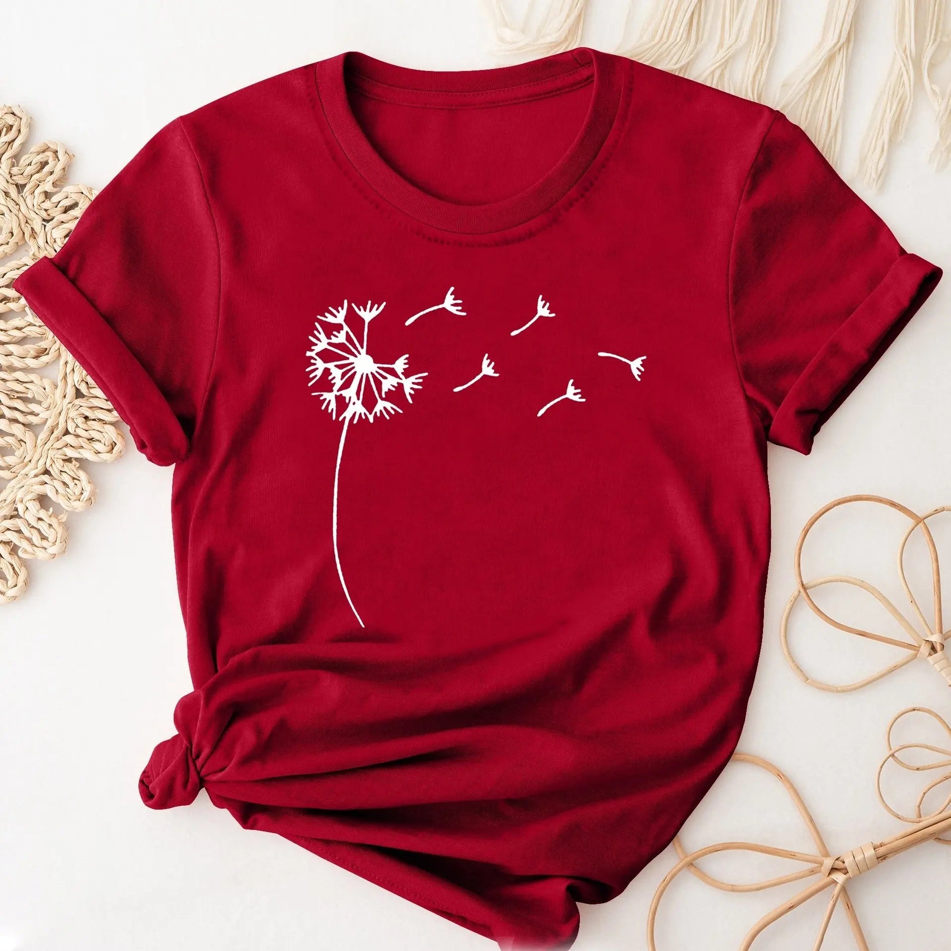 Dandelion Print Casual Crew Neck T-Shirt for Women, Short Sleeve Spring and Summer Top