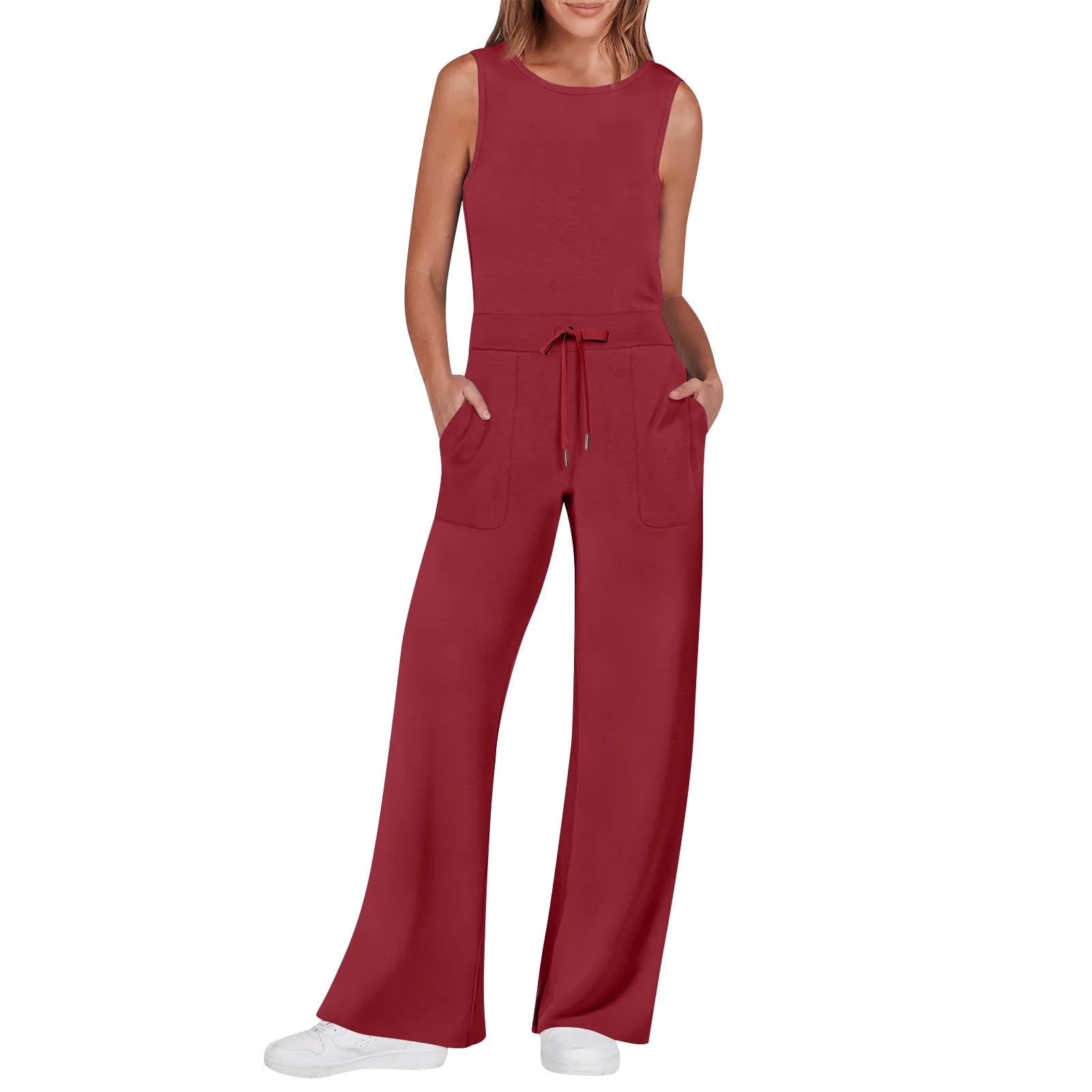 Women's Sleeveless Solid Color Casual Jumpsuit with Drawstring Waist Pockets Straight Leg Thin Commuting Outfit