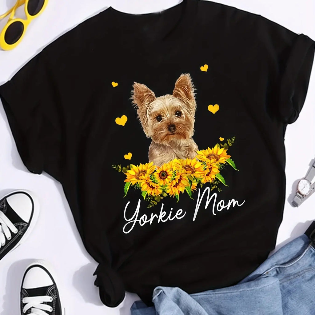 Sunflower Yorkie Mom Graphic T-Shirt Casual Short Sleeve Crew Neck for Women