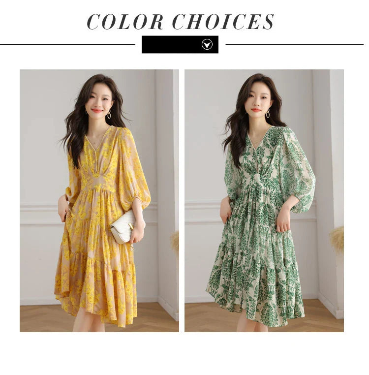 Floral Chiffon Dress For Women V Neck A Line Dress