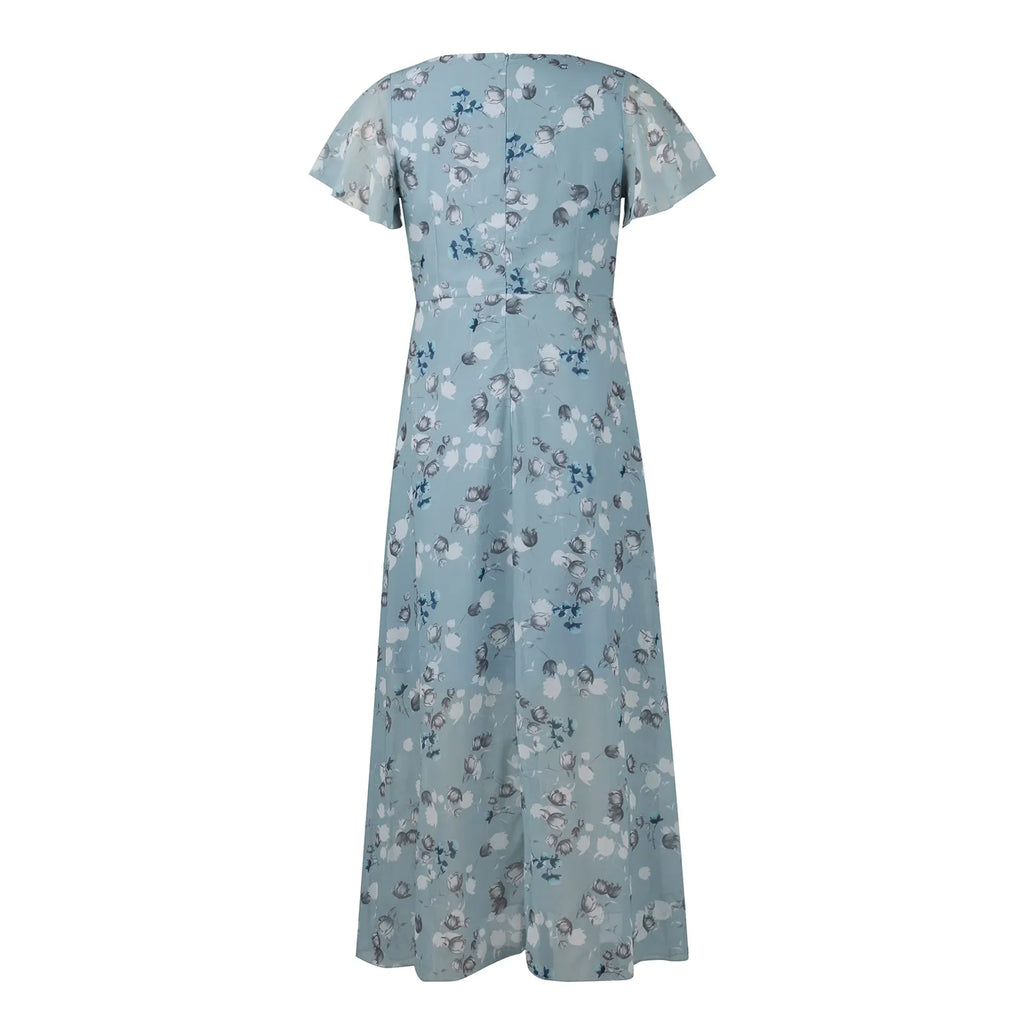 V Neck Floral Chiffon Maxi Dress With Ruffle Short Sleeves
