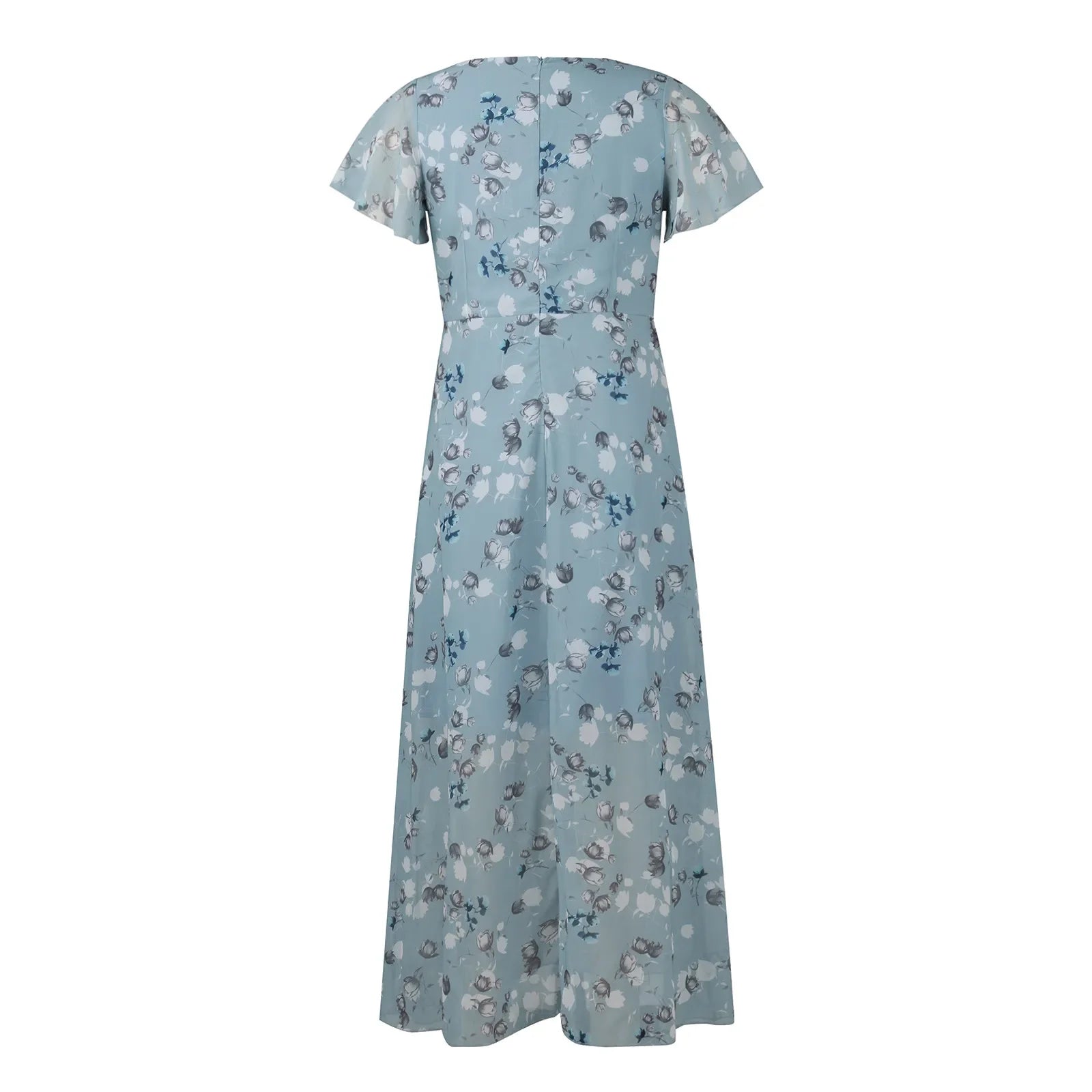 V Neck Floral Chiffon Maxi Dress With Ruffle Short Sleeves