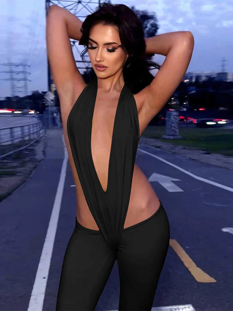 Backless Irregular Hollow Bandage Jumpsuit for Women Deep V-Neck Halter Skinny Stretch Sexy Hipster Streetwear