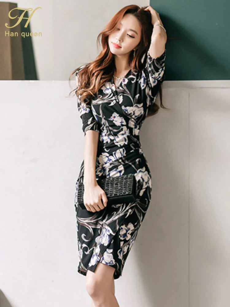 V-Neck Pencil Dress for Women Vintage Print Office Wear