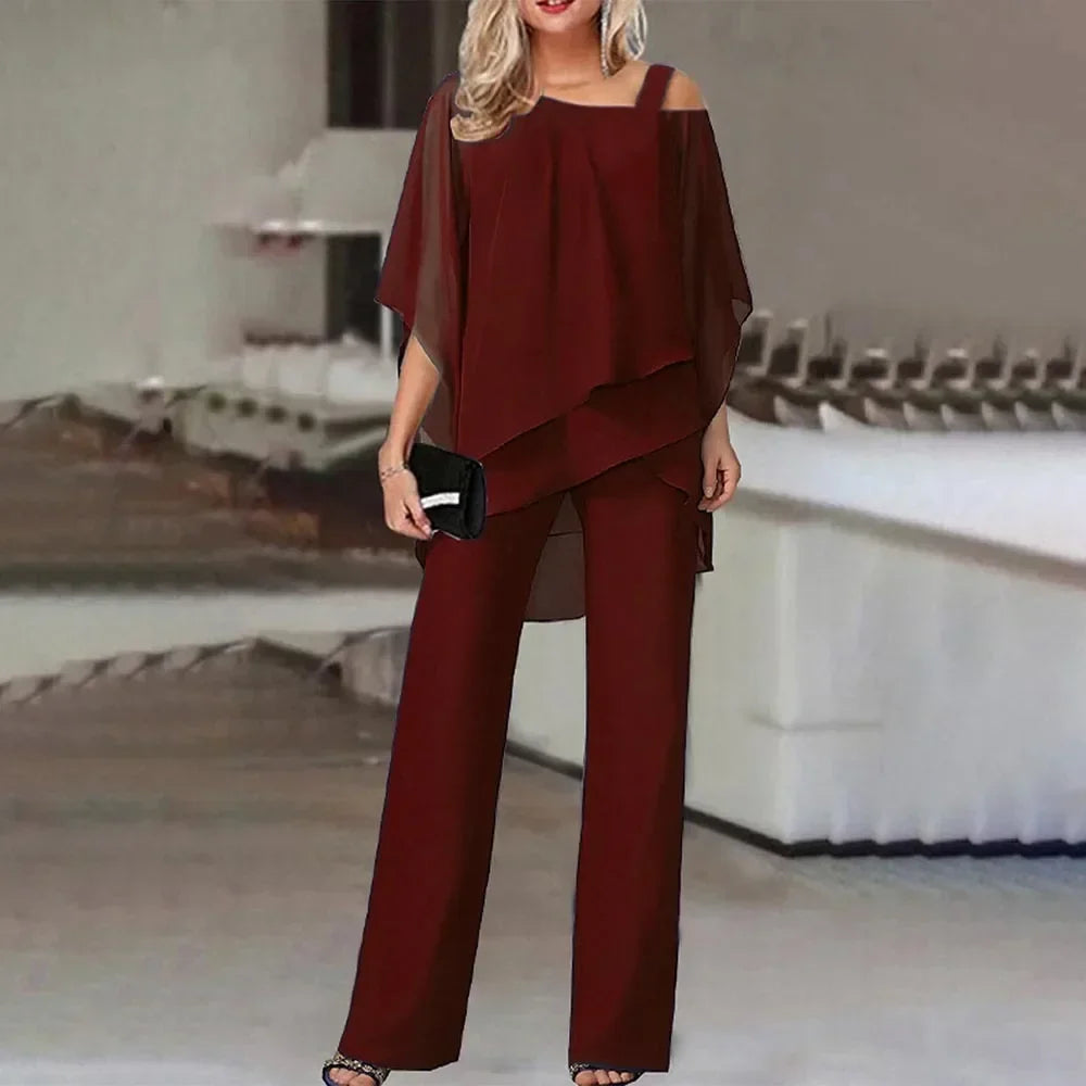 Fashionable Women's Two Piece Set with Bat Sleeve Top and Wide Leg Pants for Casual Parties