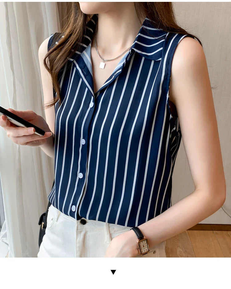 Striped Sleeveless Chiffon Blouse for Women Summer Vest Casual Lightweight Tops Basic White Shirt