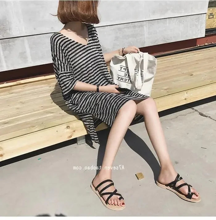 Summer Women's Striped T-Shirt Dress Loose Fit Short Sleeve Casual Tee for Home Wear