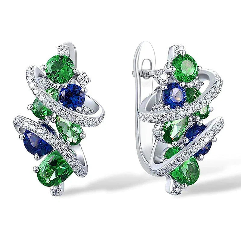 Green and Blue Cubic Zirconia Hoop Earrings for Women Elegant Bridal Wedding Party Jewelry