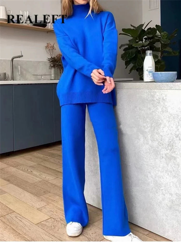 Blue Knitted Tracksuit Set for Women Featuring Turtleneck Sweater and Straight Leg Jogging Pants