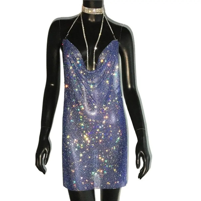 Sequin Rhinestone Backless Mini Dress For Nightclub Party