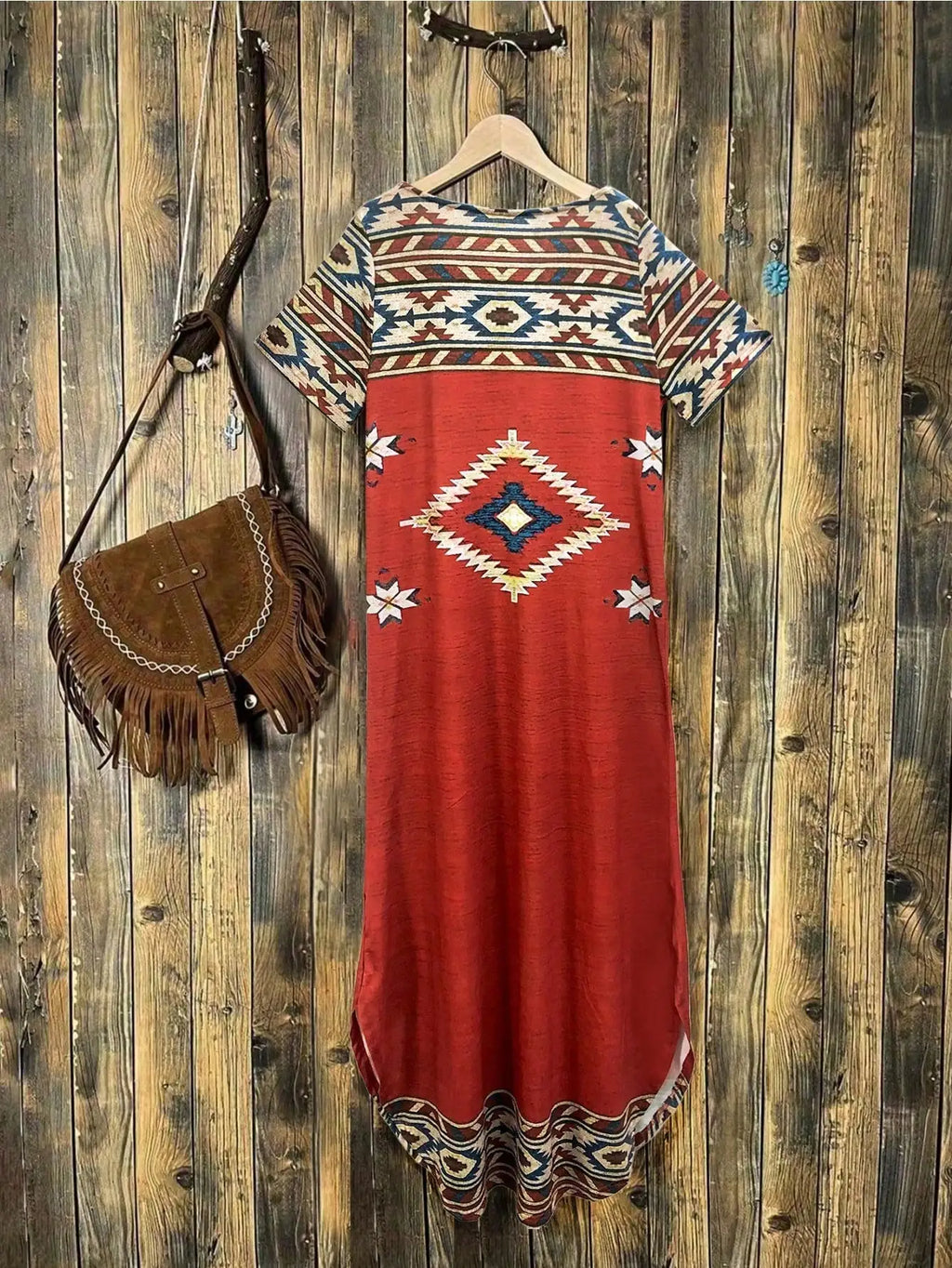 Ethnic Print Long Knit Dress With Short Sleeves Casual Wear
