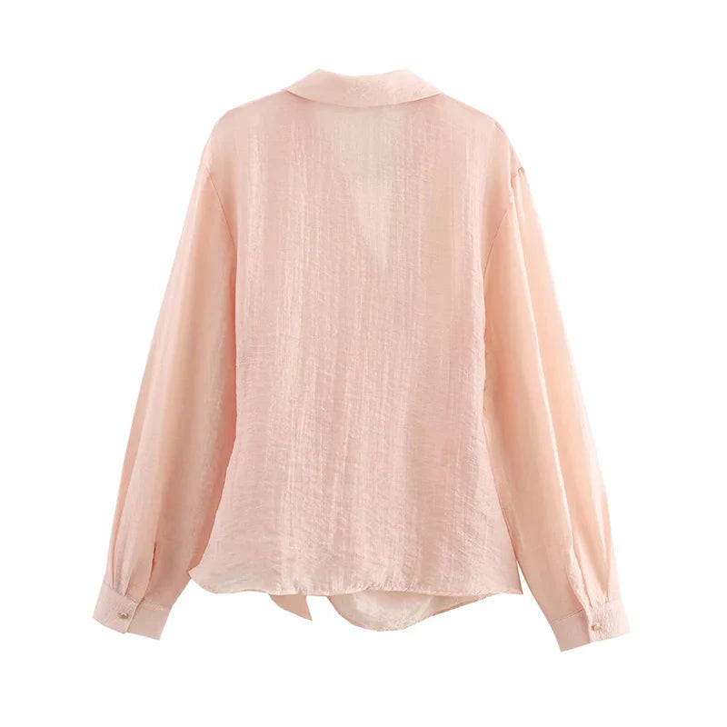 Casual Vintage Long Sleeve Women's Shirt with Solid Metal Buttons and Lapel Collar Lightweight Blouse for Spring and Summer