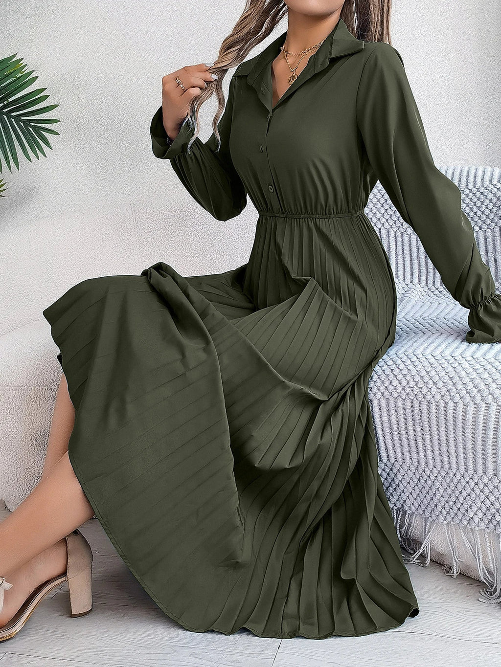 Solid Color Polo Neck Pleated Long Sleeve Dress For Women