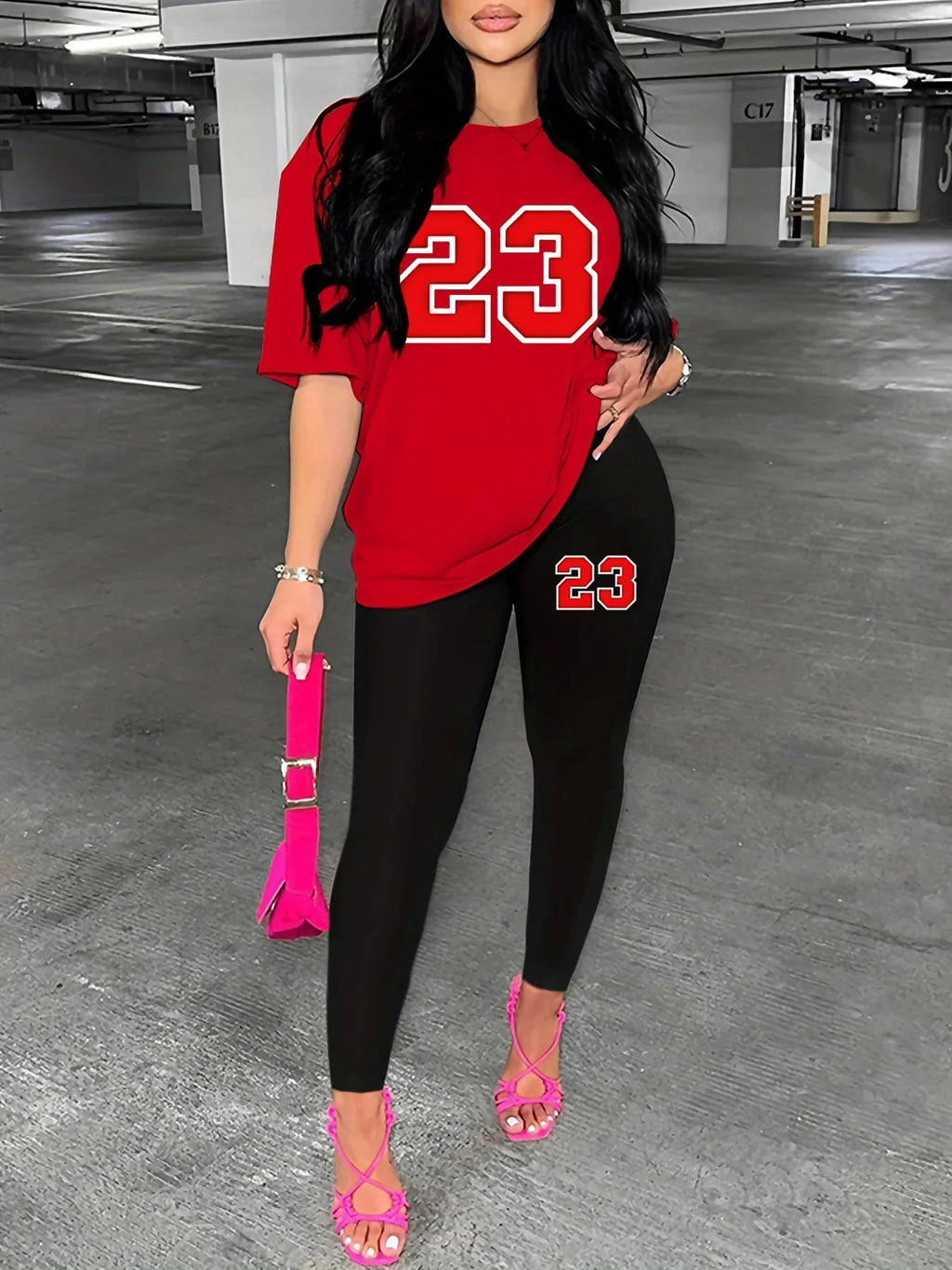 Women's Casual Loose Fit T-Shirt and Tight Bottomed Pants Two-Piece Set