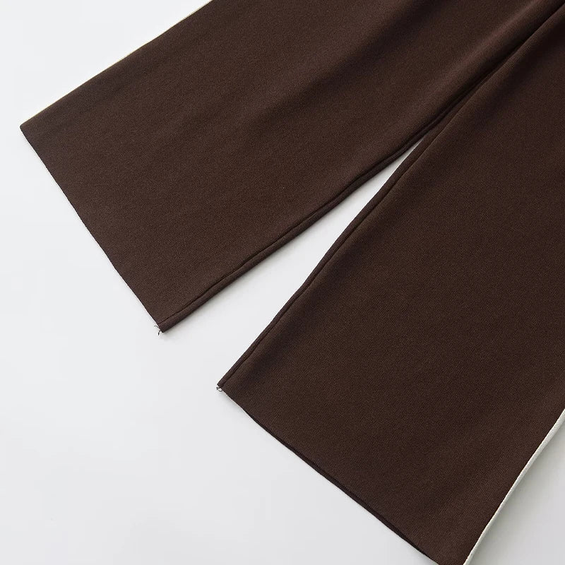 Chic Women's 2 Piece Set Brown Pullover Sweatshirt and Vintage High Elastic Waist Trousers