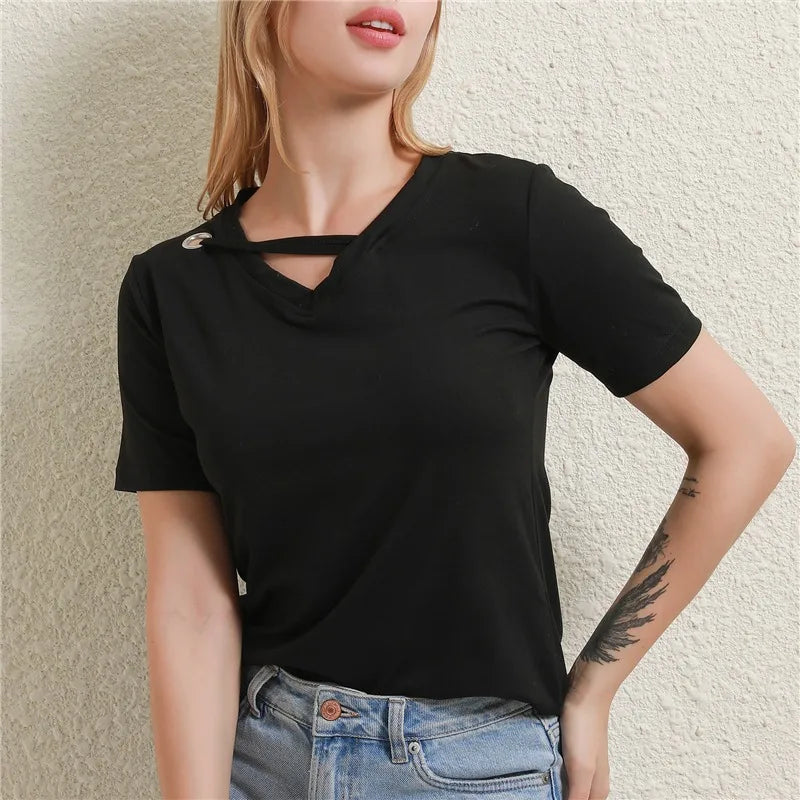 Casual Women V-Neck Loose White T-Shirt Summer Short Sleeve Polyester Top