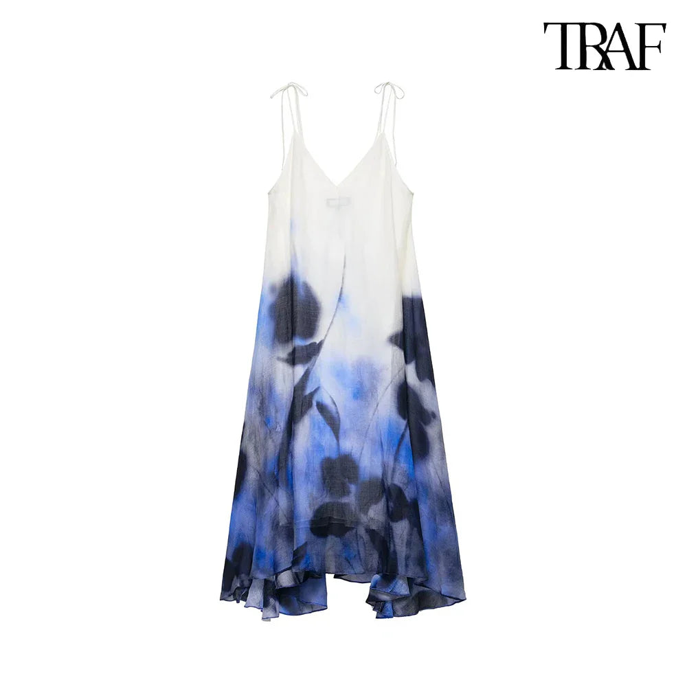 Elegant Tie Dye Print Halter Dress for Beach Vacation