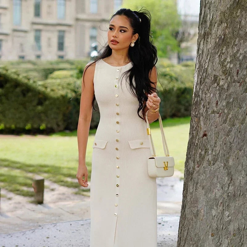 Elegant Sleeveless Ribbed Knit Bodycon Dress High Waist