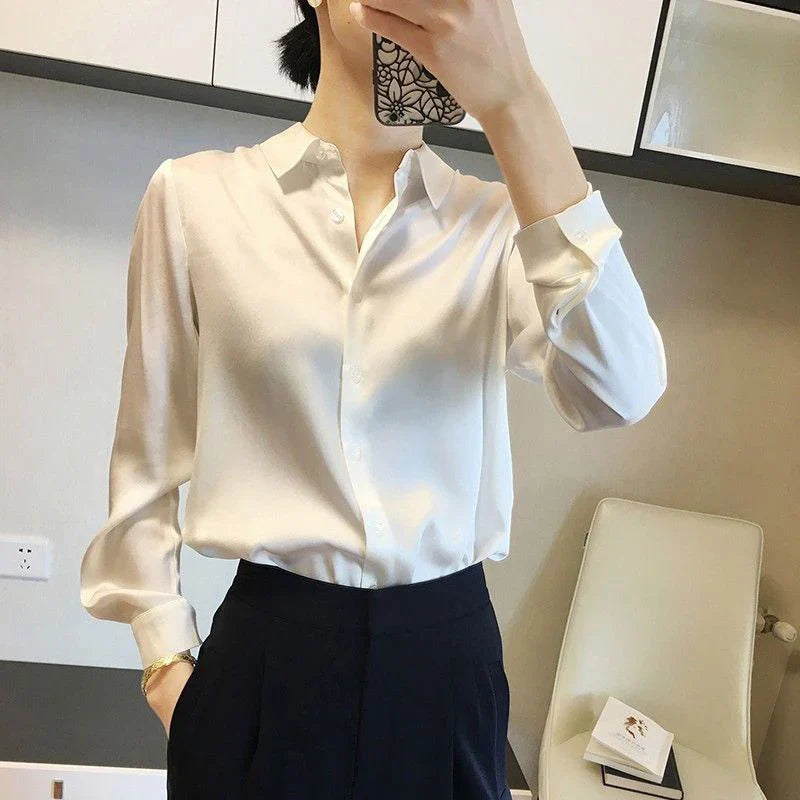 Satin Finish All-Match Blouse for Women Long Sleeve Casual Elegant Button Down Shirt Solid Color French Style Office Top