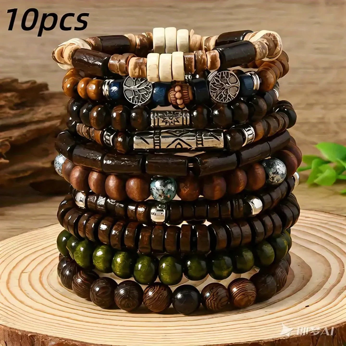 10pcs Bohemian Ethnic Beaded Bracelets for Men Vintage Multi Layer Wooden Bead Life Tree Jewelry Accessory Gift Set