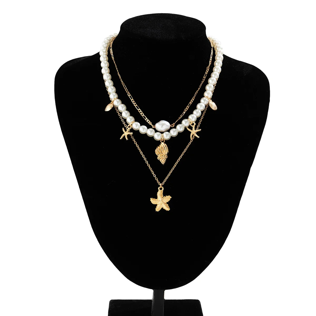 Gold Starfish Pendant Necklace with Imitation Pearl Beads Vintage Choker for Women