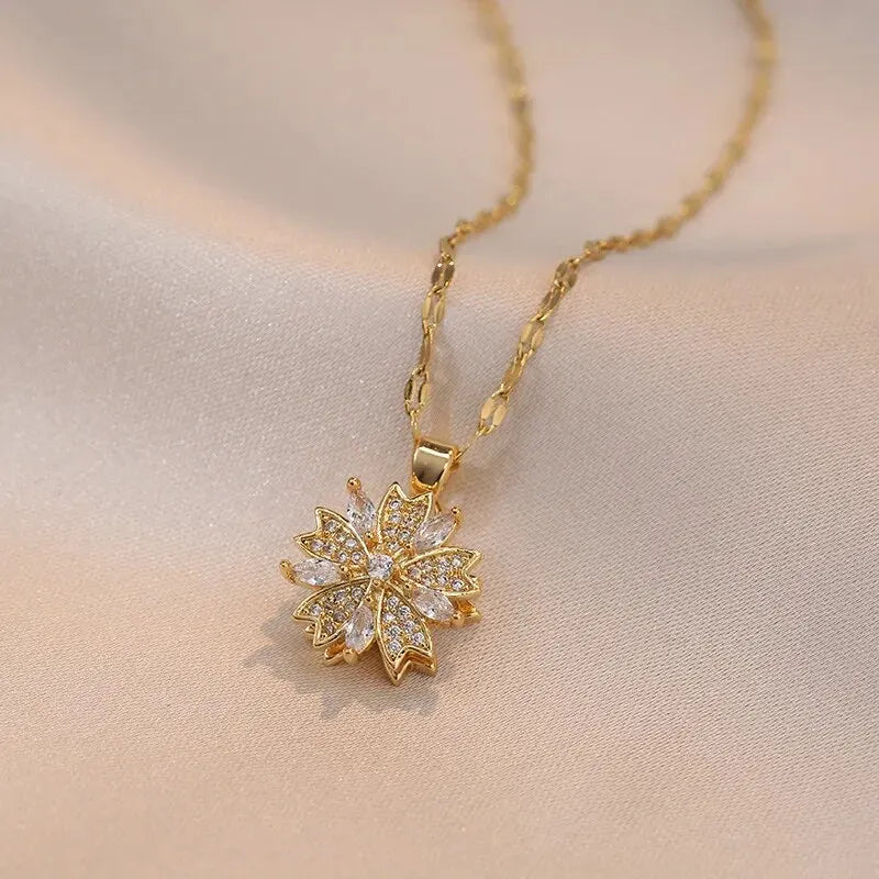 Gold Color Zircon Flower Pendant Necklace for Women Elegant Party Jewelry Gifts