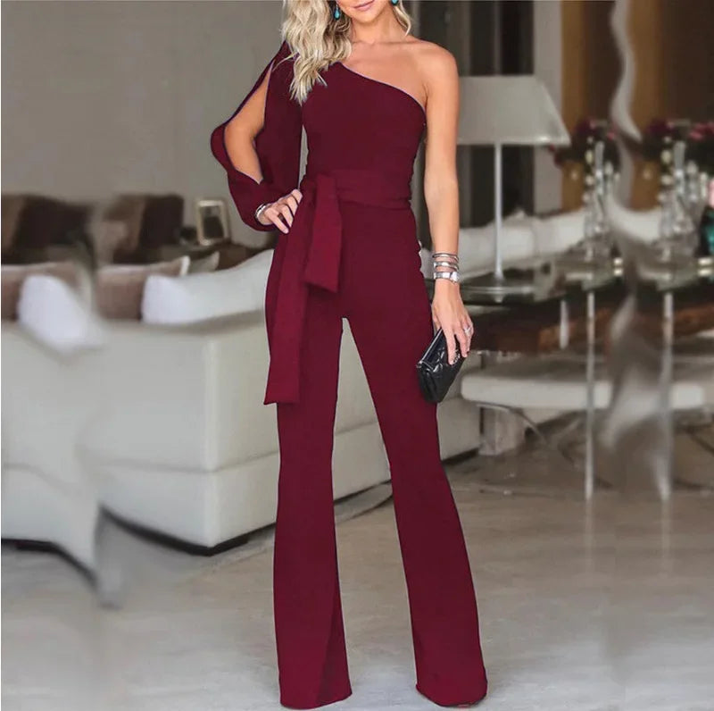 Women's High Waist Tie-Up Slim Fit Solid Color Jumpsuit with Slant Shoulder Elegant Design for Banquet and Evening Wear