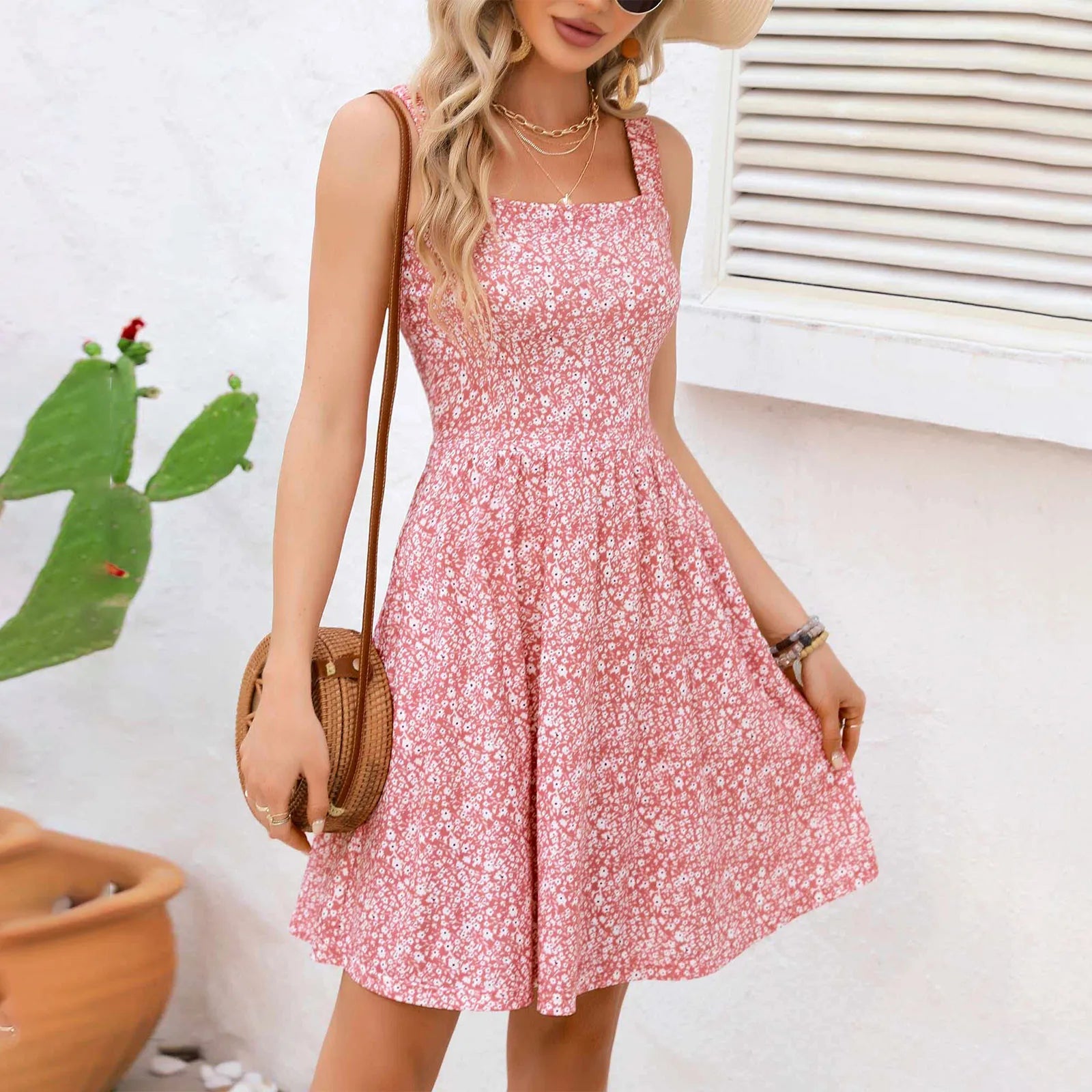 Sleeveless Summer Square Neck Dress With Pockets High Waisted