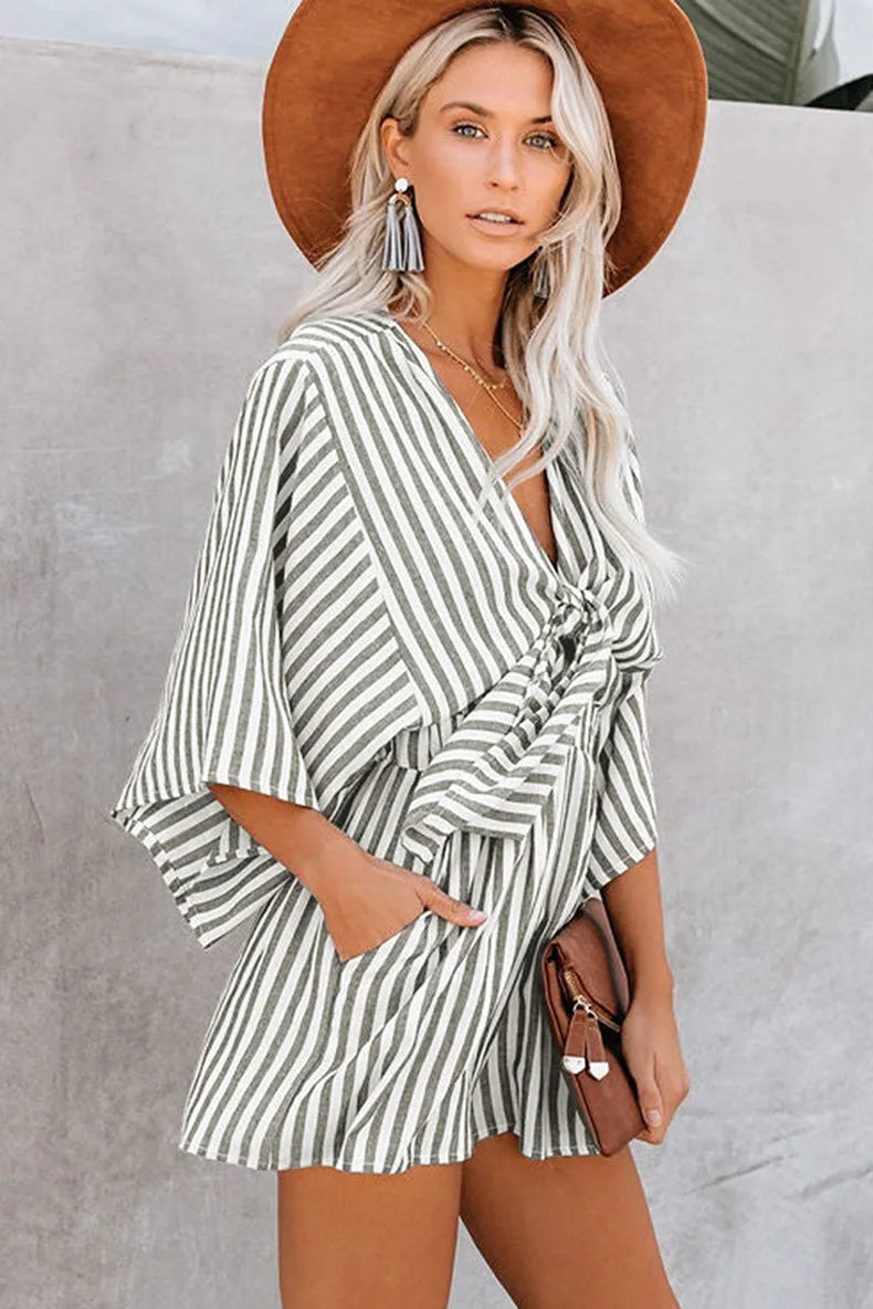 Women's Summer Slimming Striped Jumpsuit with Deep V Neck, Flared Three Quarter Sleeves, and Wide Leg Pants