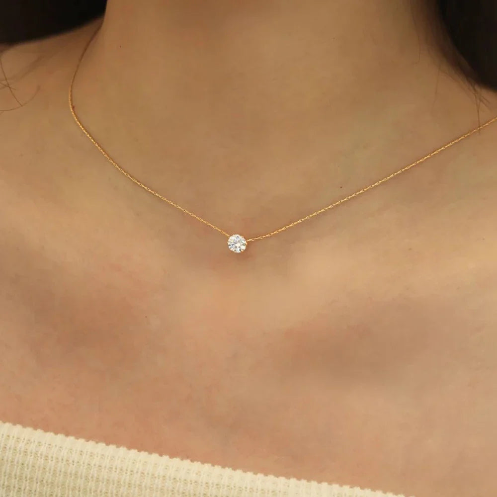 Stainless Steel Gold Plated Minimalist Zircon Charm Necklace with Clear CZ Stone for Women