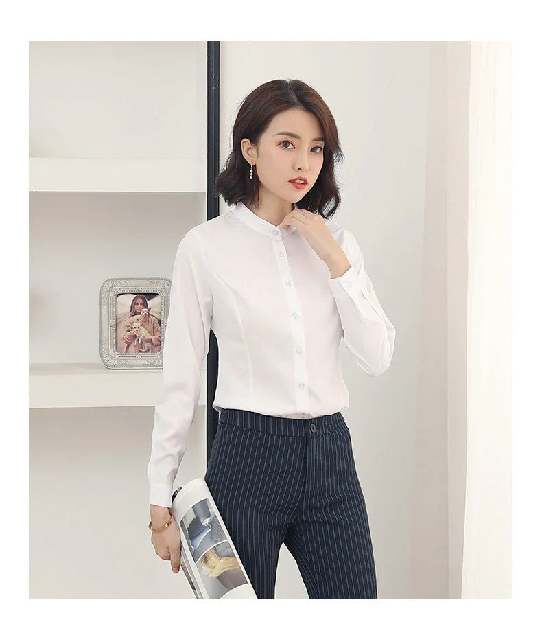 Women's Long Sleeve White Basic Shirt Blouse Stand Neck Tunic Button Up Office Work Top All Season