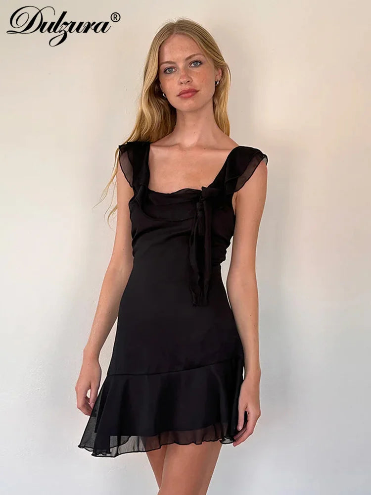 Sexy Tassels Patchwork Chiffon Mini Dress Sleeveless Zipper