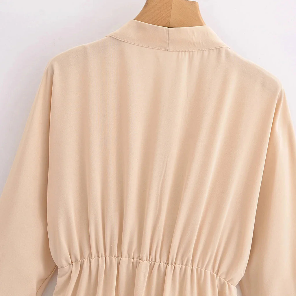 Women Elegant Solid Waist Draped V Neck Evening Dress