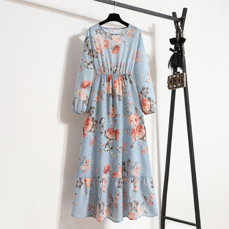 Bohemian Floral Maxi Dress High Waist Chiffon Long Sleeves