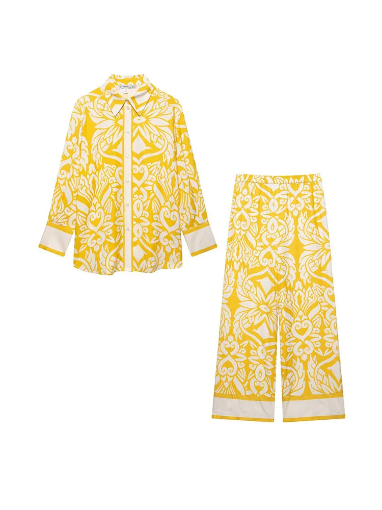 Women Summer Vintage Print Two-Piece Set with Loose Shirt and Trousers for Elegant Street Style