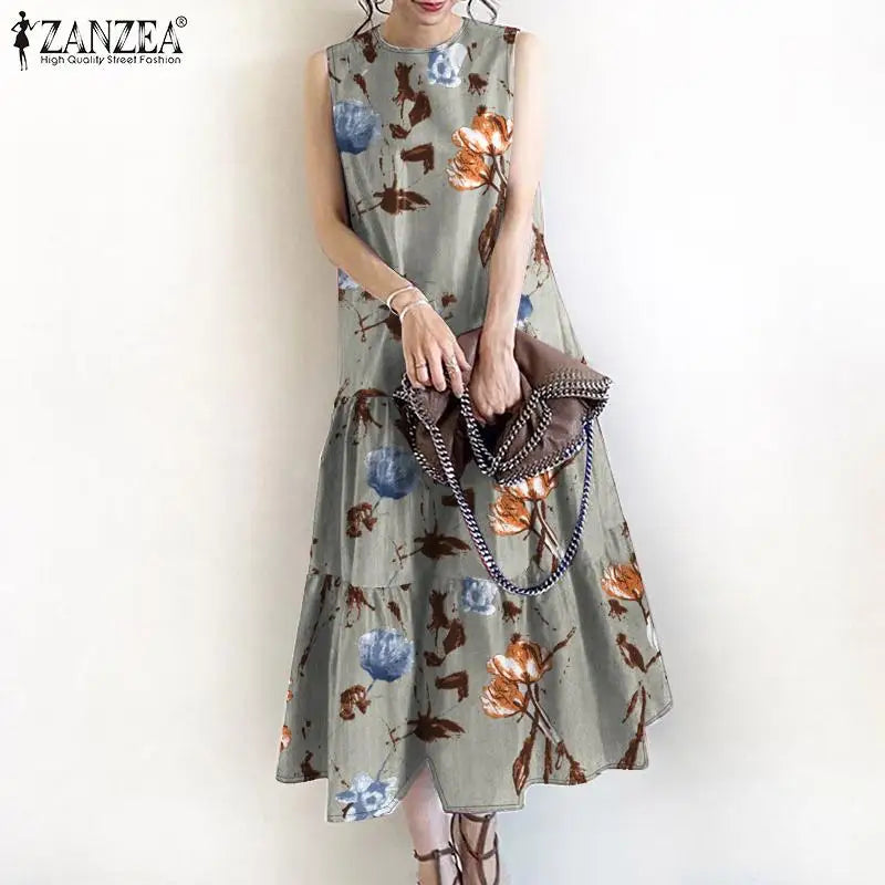 Bohemian Floral Sundress Women O Neck Sleeveless Midi