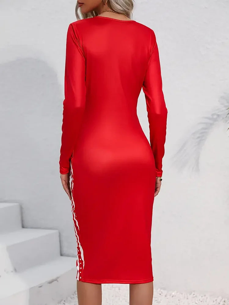 Notch Neck Splicing Bodycon Long Sleeve Dress Spring Fall