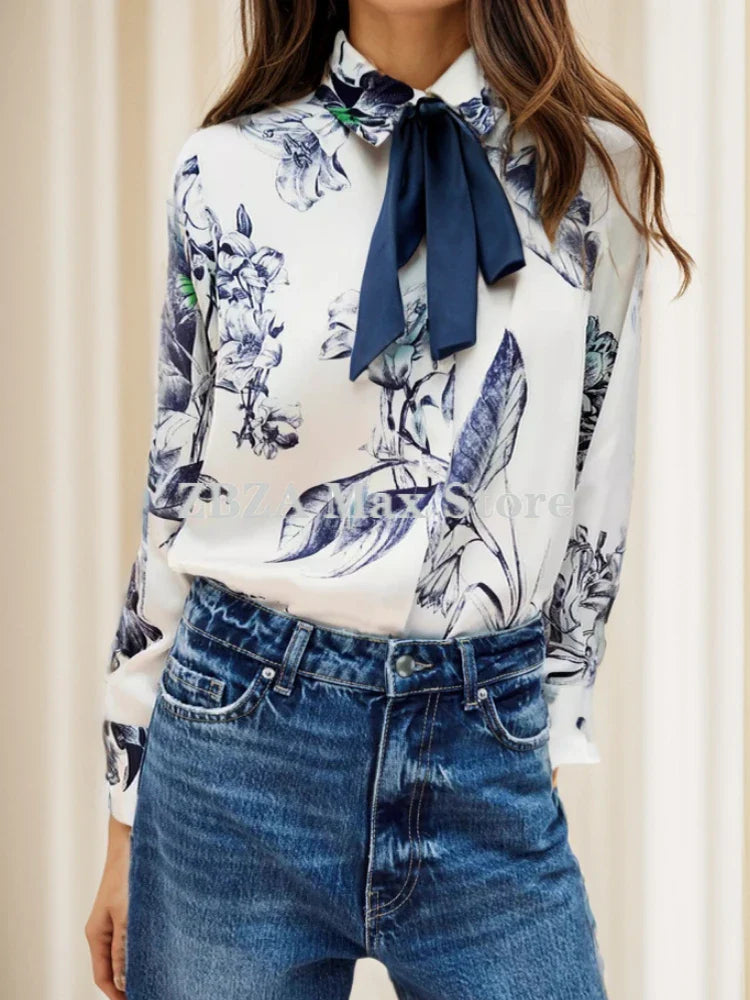 Women's Bow Tie Printed Blouse with Polo Collar Long Sleeve Single Breasted Vintage Loose Fit Elegant Shirt Top