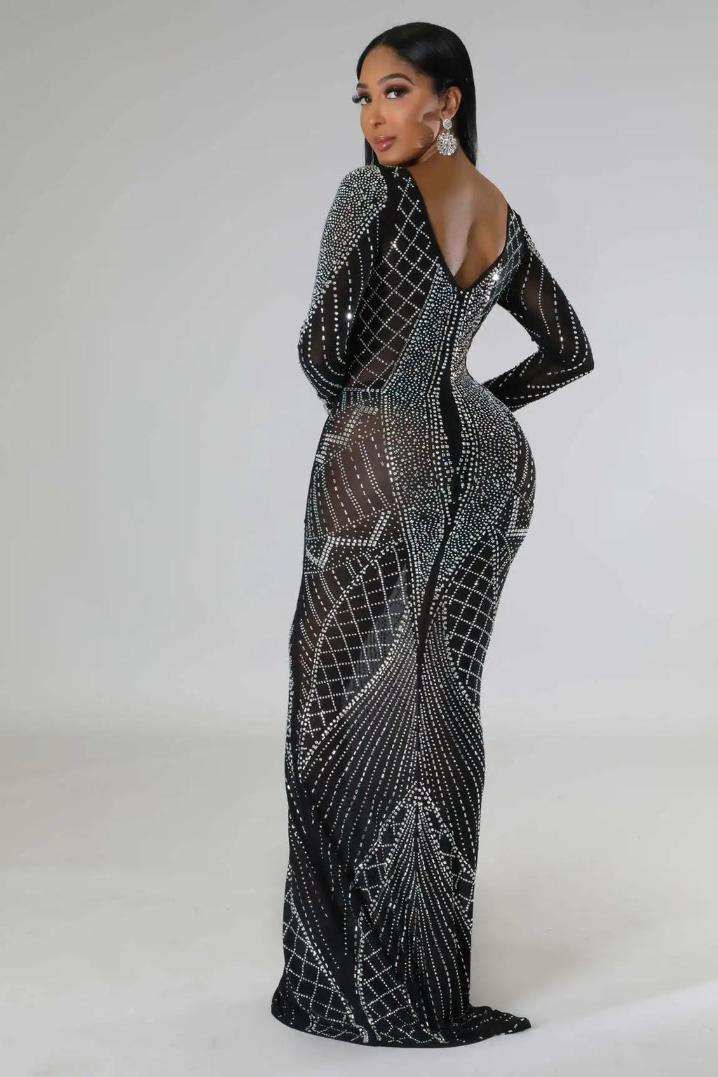 Sexy Mesh Diamond Embellished Maxi Dress for Evening Party