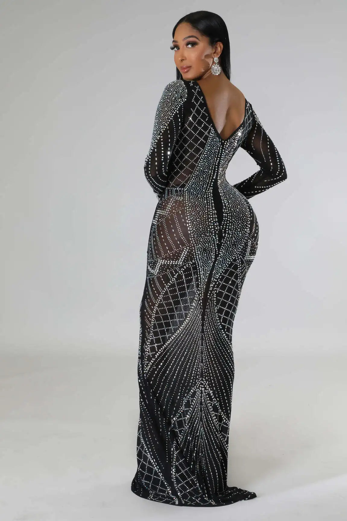 Sexy Mesh Diamond Embellished Maxi Dress for Evening Party