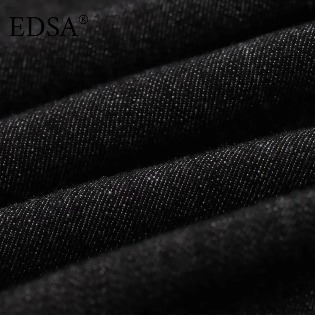 Women Black Denim Pants Set with Fitted Shirt and Patch Pockets Straight Leg Jeans Suit