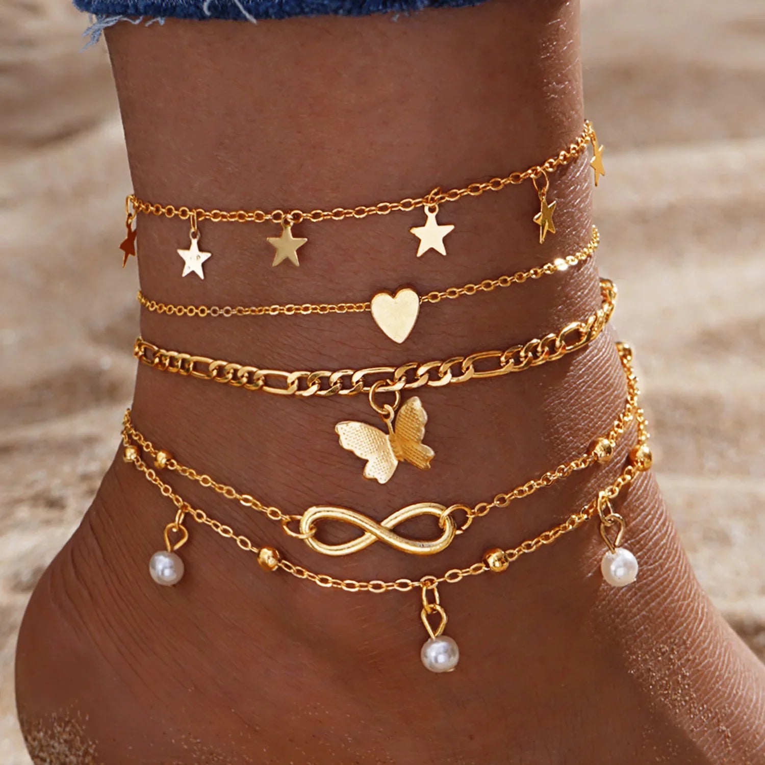 5Pcs Retro Multilayer Tassel Anklet Set with Vintage Pearl and Butterfly Star Heart Pendants for Women Beach Jewelry