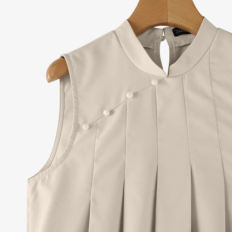 Mandarin Collar Pleated Sundress Women Sleeveless A Line