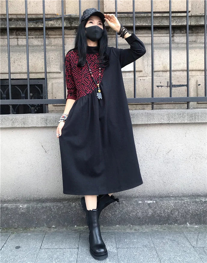 Loose Printed Turtleneck Dress For Women Elegant Casual