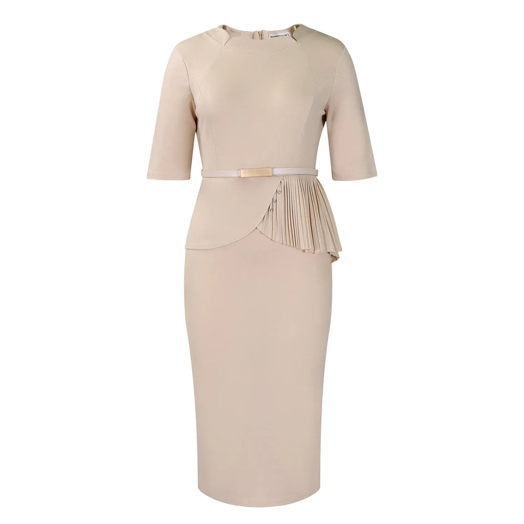 Women Square Neck Bodycon Midi Dress Belted For Work